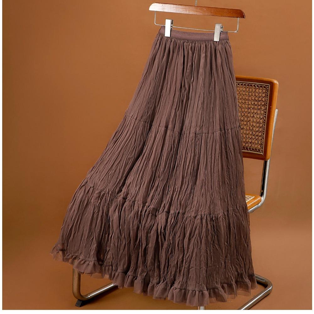 DIMANAF 2026 Summer Women New Skirts Solid Elastic Waist Pleated Mesh Elegant Skirts Yellow