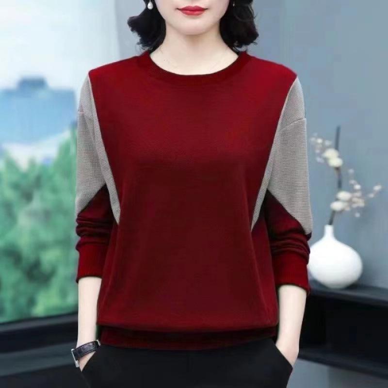 Autumn Winter Women's Cotton Patchwork Round Neck Plus Size Long Sleeve Printed Sweatshirt for Middle-Aged Moms