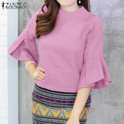 Women Casual Ruffles 3/4 Sleeve Solid Color Loose Blouse