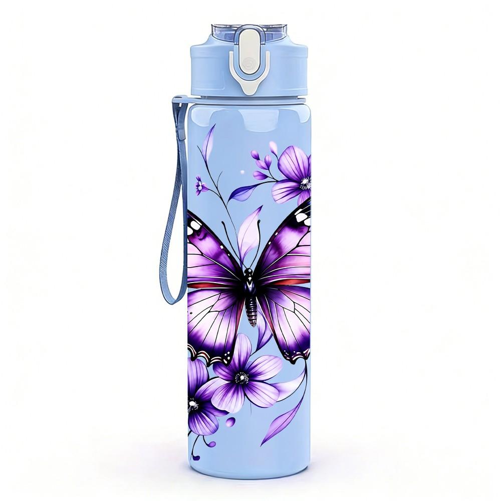 1PC Purple Butterfly Flower Pattern 750ml Color Plastic Sports Water Bottle Leakproof Flip Straw Lid Suitable for Sports Office Home Use
