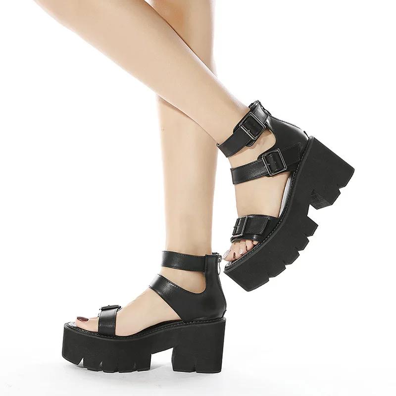 Fashion Ankle Strap Sandals for Women Platform Chunky Heels Patent Leather Thick Wedges Summer Shoes Open Toe Zipper Big Size 43