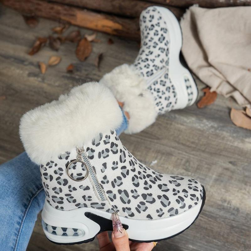 Women's Plus-Size Leopard Print High-Top Flat Ankle Boots - Comfortable Cushioned Insole, Wide Calf