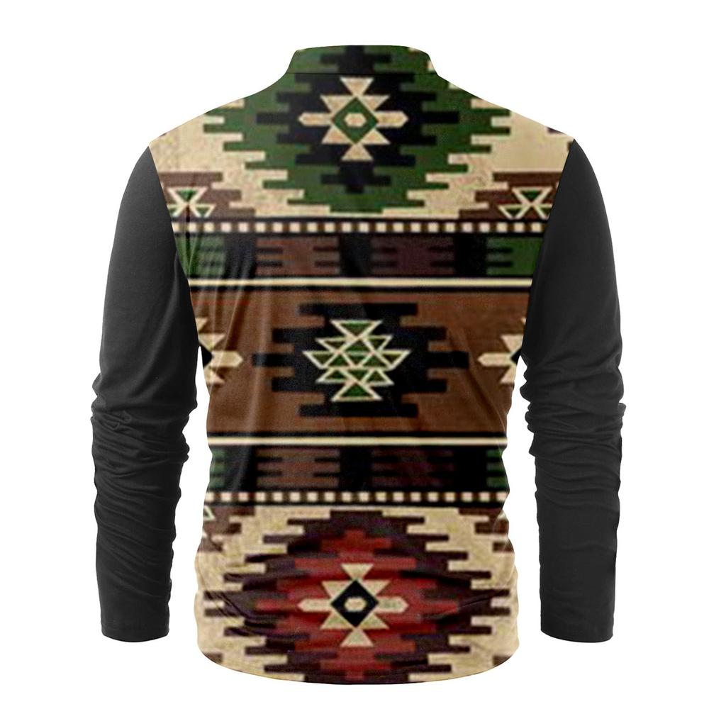 Men's Fashion Casual Printed Long Sleeve Bandage Retro Shirt Top Blouse