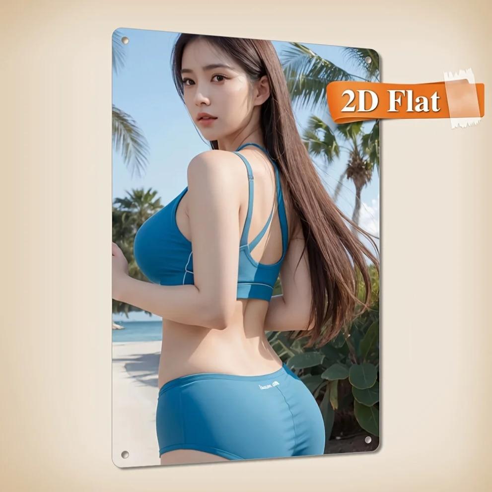 Hisun Blechschild HD Metallblechschild Atemberaubendes Asiatisches Mädchen im Blauen Sportlichen Bikini Retro Metallschild Wandkunst für Poolbereich Dekor x Zoll