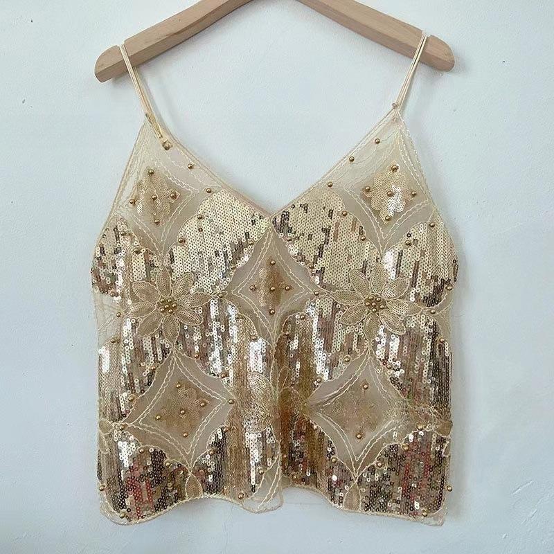 Women's Summer Sequin Beaded Deep V-Neck Crop Cami – Sparkly Sleeveless Layering Tank Top, Sexy Slimming Clubwear