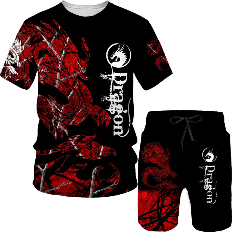 Pánské tričko a šortky, 3D potištěný vintage potisk draka, vysoce kvalitní dvoudílná letní sada