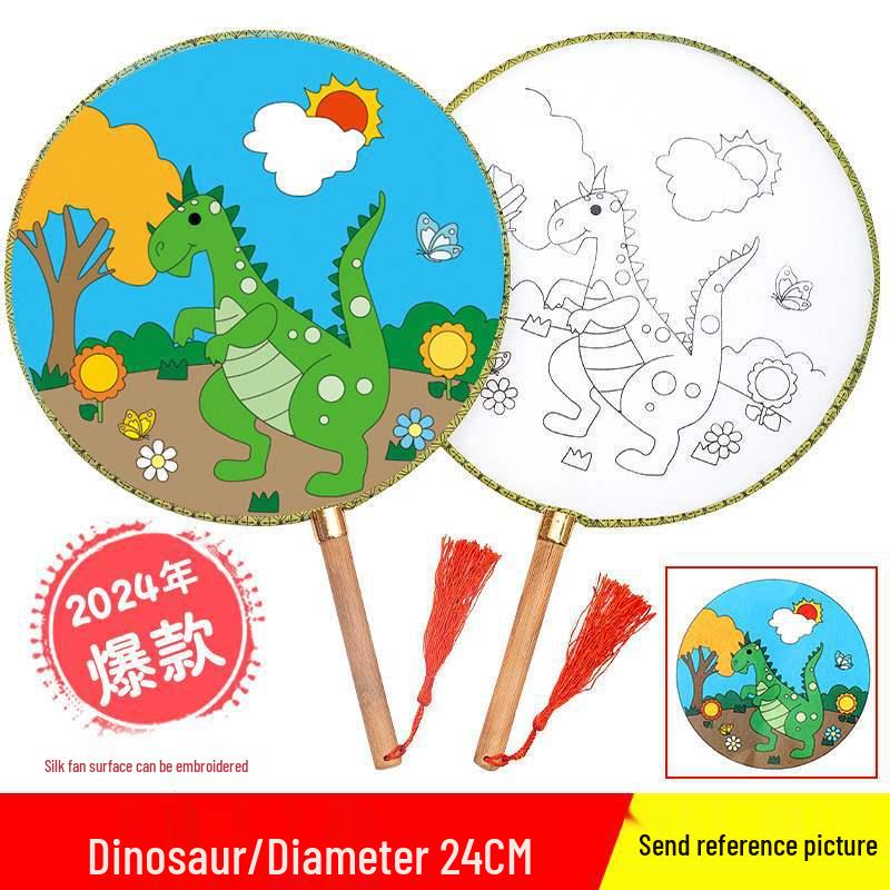 DIY Children's Silk Cloth Round Fan with Bamboo Handle - Palace Style Hand-Painted Kindergarten Craft