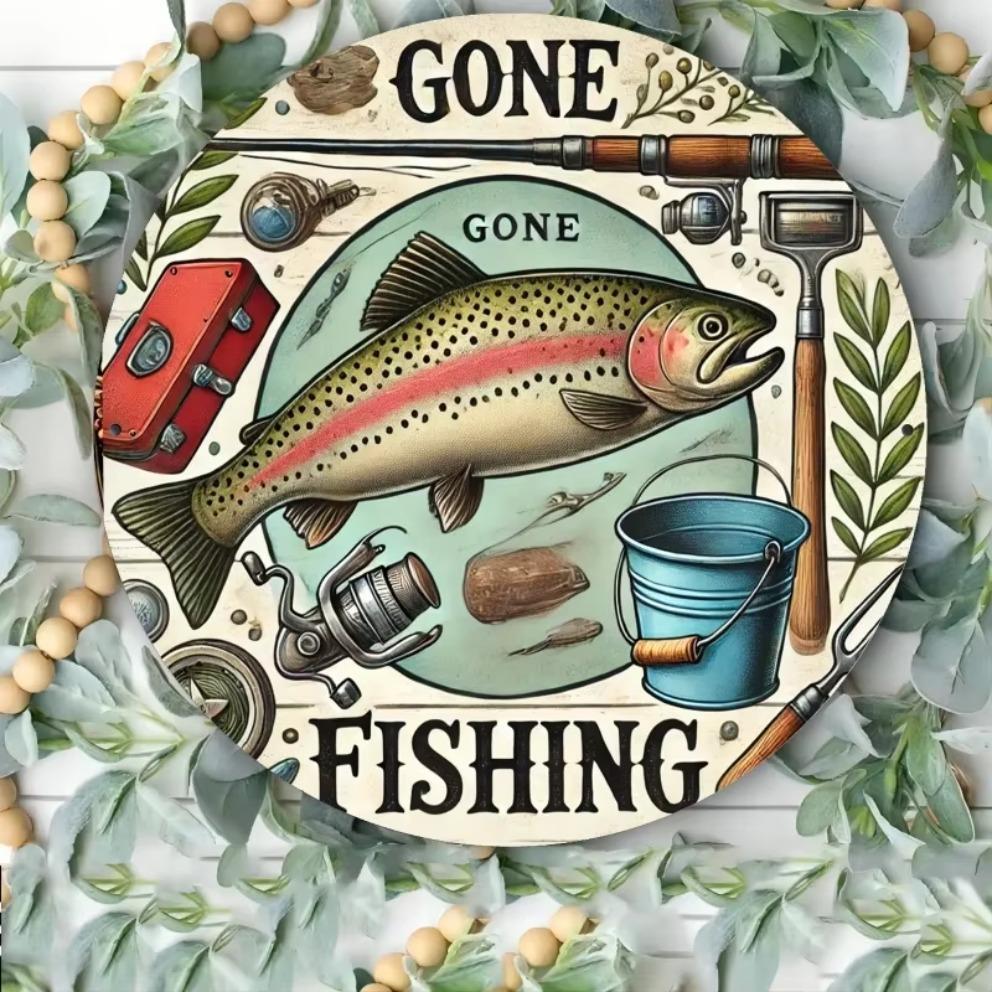 D Vintage FishingThemed Circular Tin Sign Iron Door Mount Wall Decor Cafe Club Kitchen No Electricity Needed