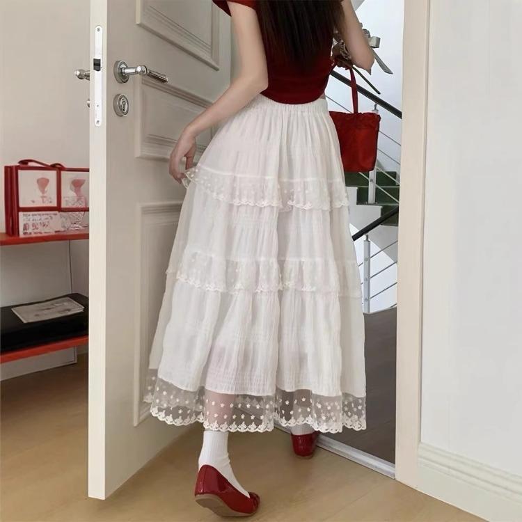 Lace-trimmed Sprin Summer Skirt – New Spring Collection High-waisted Sweet and Slimming Long Skirt Design – White Tiered Skirt