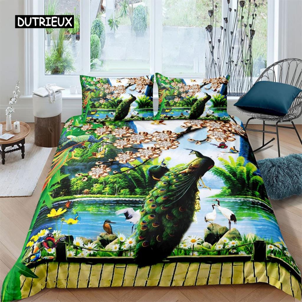 Luxury Pink Peacock Duvet Cover Floral Bedding Set Retro Peacock Feather Theme Comforter Cover for Bedroom