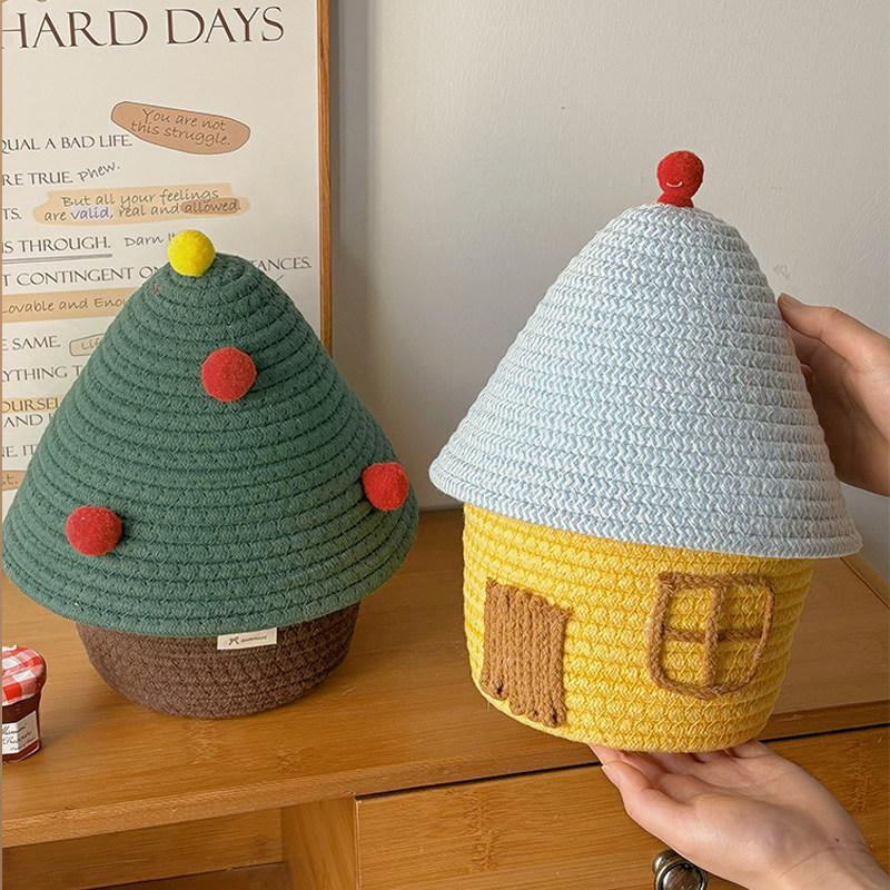 Cute Little House Woven Storage Bin With Cover For Home Bedroom And Kids Room