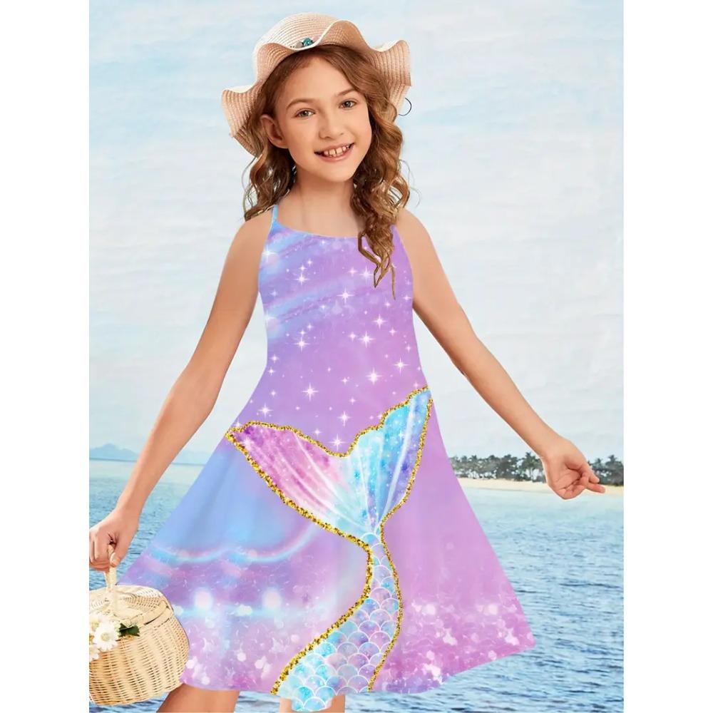 

Летние платья-майки без рукавов с круглым вырезом, платья принцессы, милые платья для девочек с 3D-блестящим принтом 160