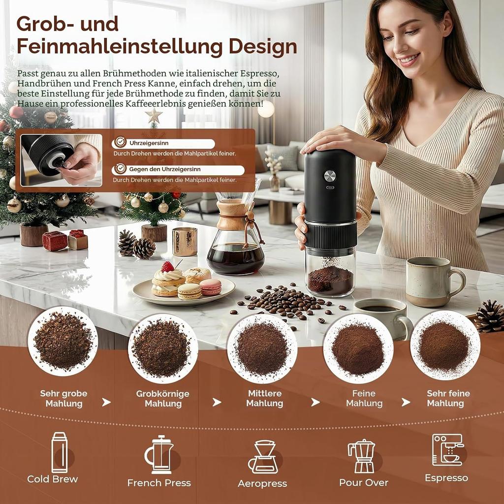 Electric Coffee Grinders, Rechargeable Adjustable Coarseness, Small Coffee Grinder for Travel, Camping