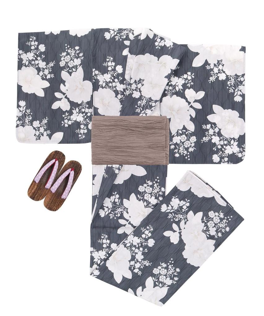 Yukata Set Junior Retro Change Weave 3 Piece Set Heiko Girls Camellia Play in Ink [KYOETSU] (Yukata, Obi, Geta) (13. Painting, 130cm)