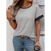 Damen Gestreiftes Waffelstrick T-Shirt Mit Kontrastbesatz Kurzarm Lässiges Rundhals-T-Shirt