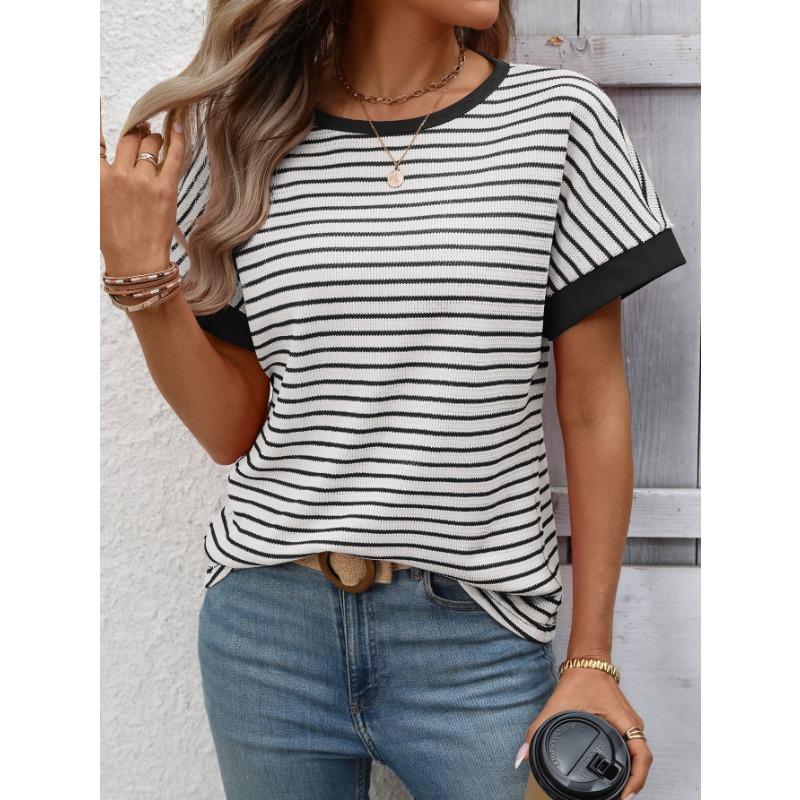 Damen Gestreiftes Waffelstrick T-Shirt Mit Kontrastbesatz Kurzarm Lässiges Rundhals-T-Shirt