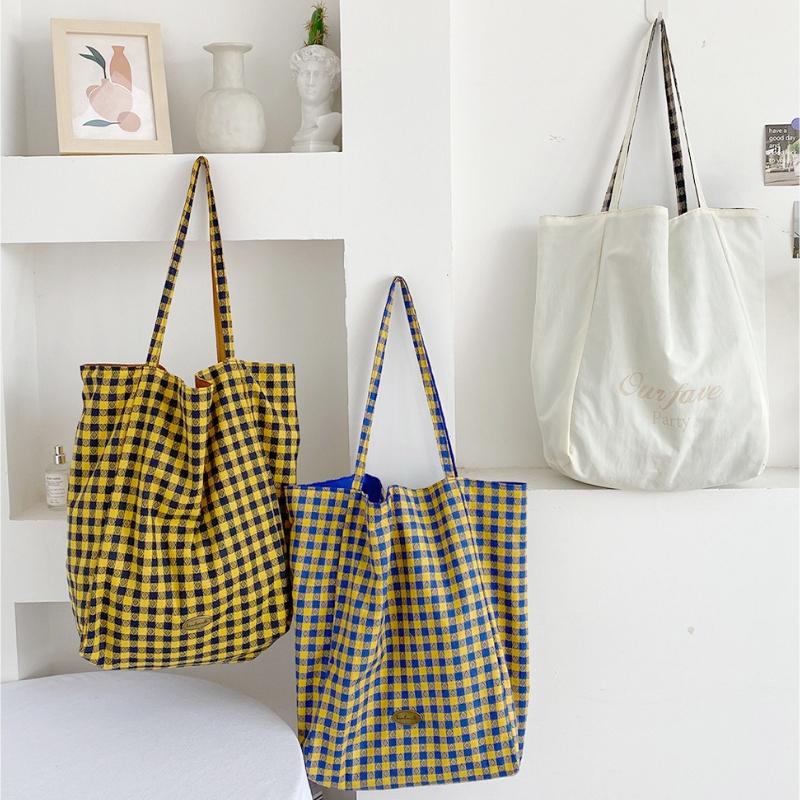 Retro Plaid Double-Sided Women's Shoulder Bags Large Capacity Ladies Nyl Tote Shopping Bag Casual Versatile Girls Handbags