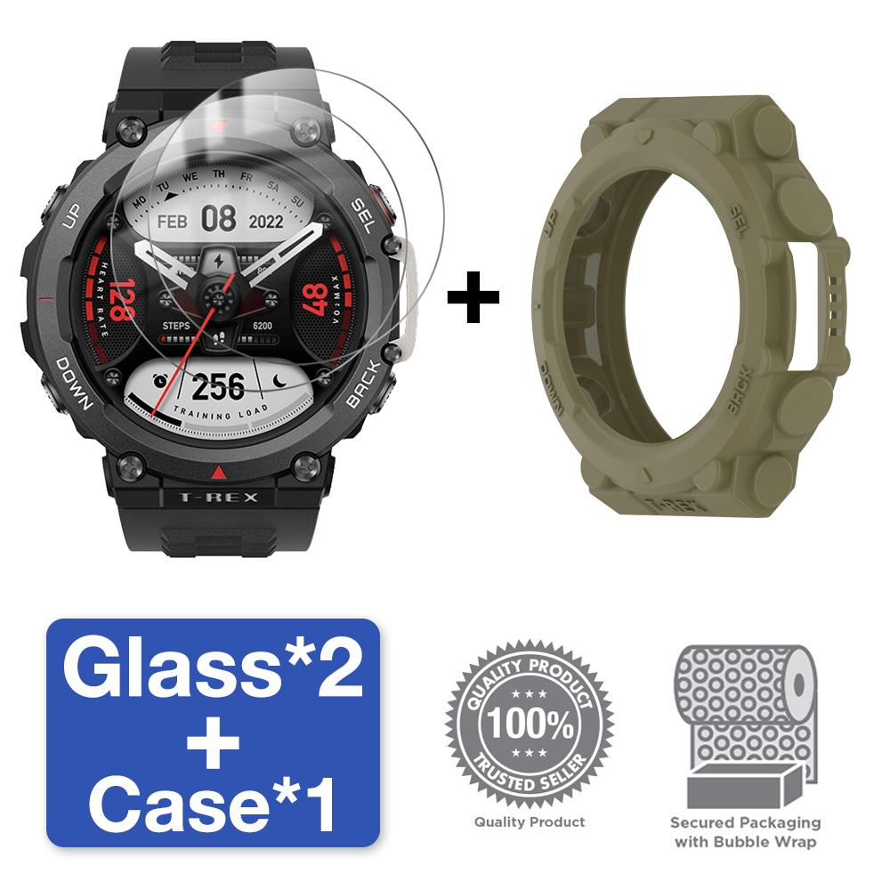 

Стекло+чехол для Amazfit T-Rex 2 Защитная пленка для экрана из закаленного стекла и мягкий защитный бампер T Rex 2 Rex2 Чехол Аксессуары for Amazfit T Rex 2 зелёный