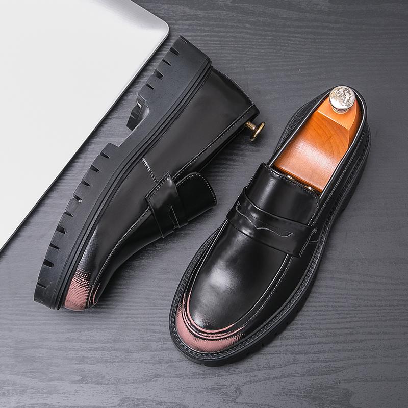 Thick-soled Men Business Loafers Black Pink Men One-legged Casual Comfortable Fashionable Leather Shoes and Social Shoes Men