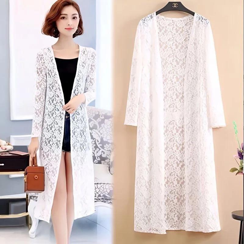 Women's Mid-length Summer Lace Sunscreen Cardigan Fashion Thin Coat with Matching Skirt Top Mesh Shawl Casual Lady Cardigan