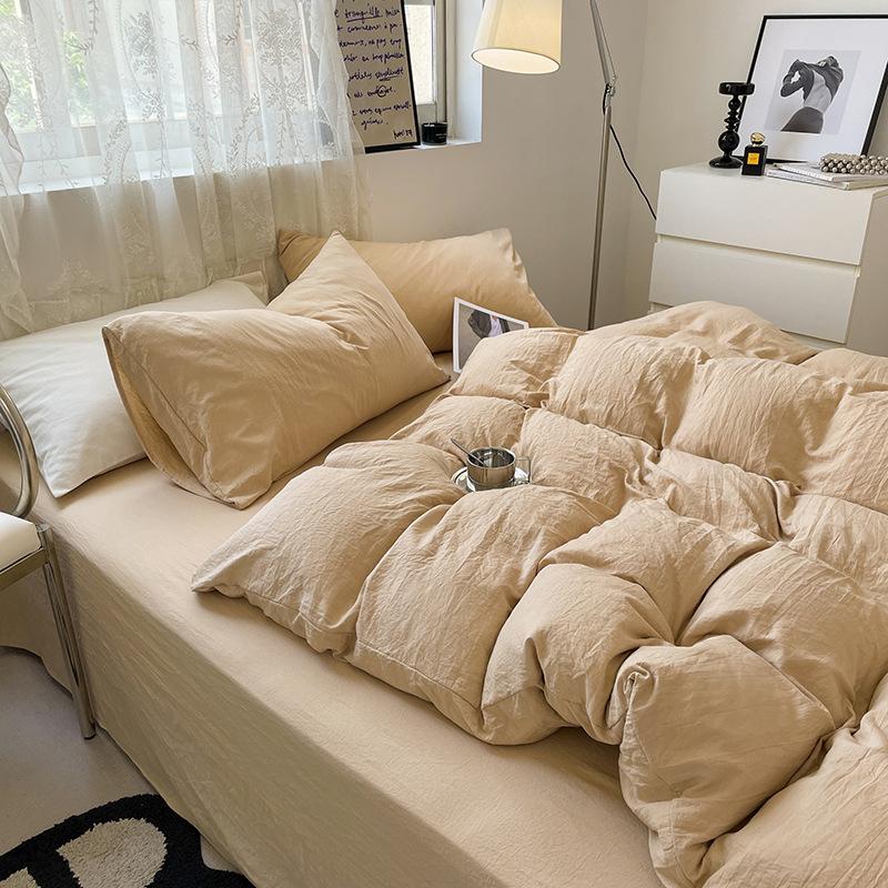 Bed Sheet Quilt Cover Nude Sleeping Pure Cotton Four-piece Set Washed Cotton Soft Bed Sheet Quilt Cover Solid Color Bedding