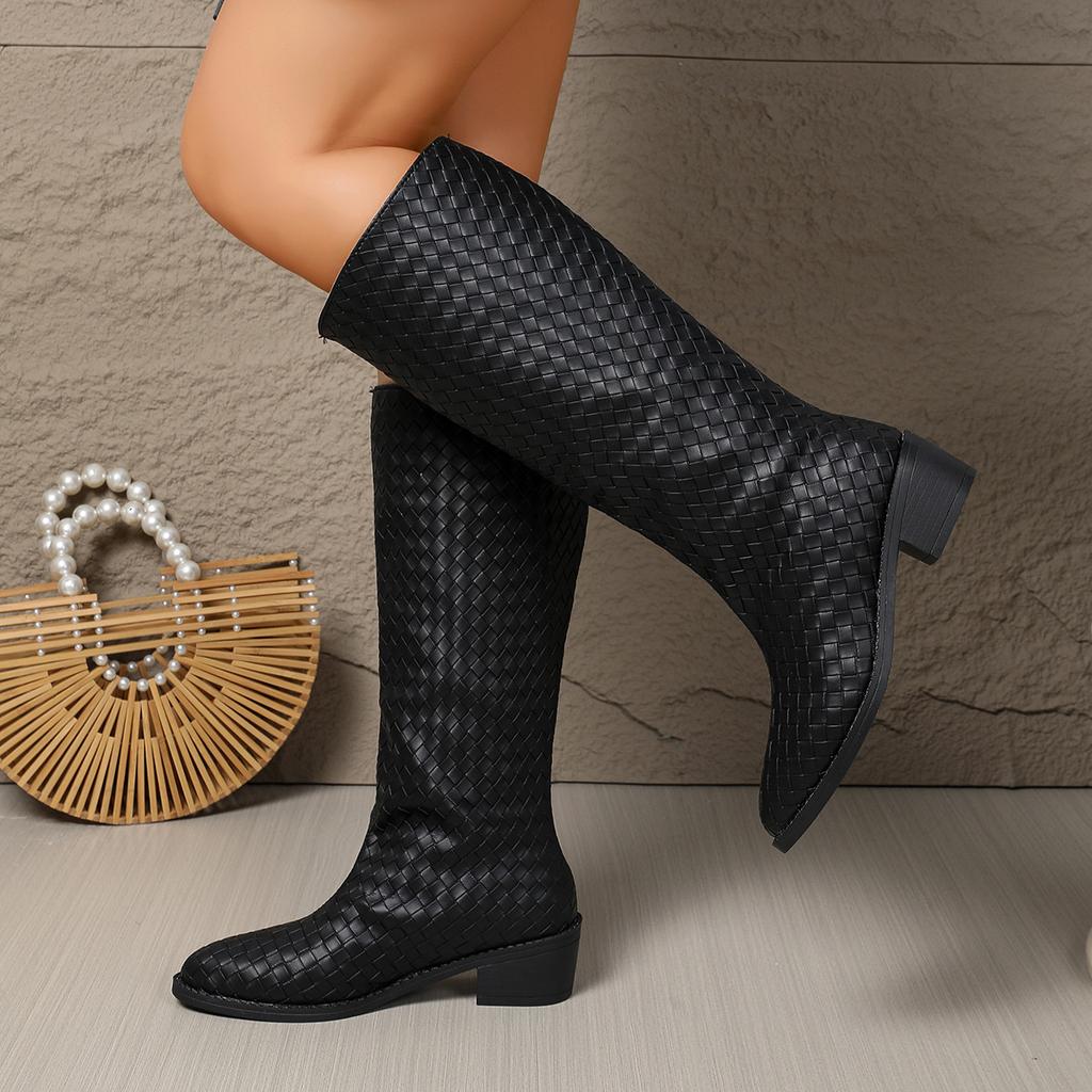 Fashion Woven Low Heel But Knee Boots Women's New European and American Pointed Sleeve Thick Heel Fashion Boots Women's Boots