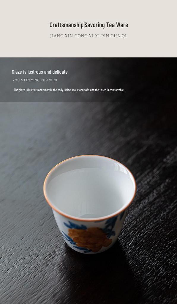 Guanlan Hand-Painted Peony Ceramic Tea Cup, Single Kung Fu Master Cup for Personal or Guest Use