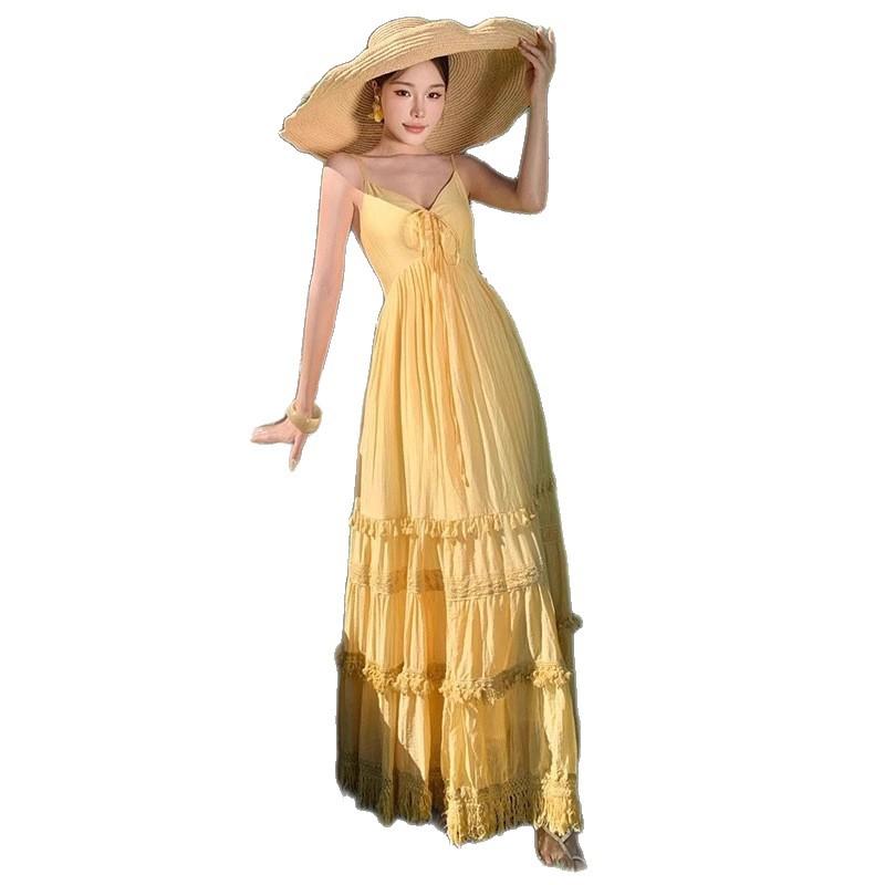 Stunning yellow dress, V-neck spaghetti strap dress, women's seaside vacation, flowing, super ethereal long dress