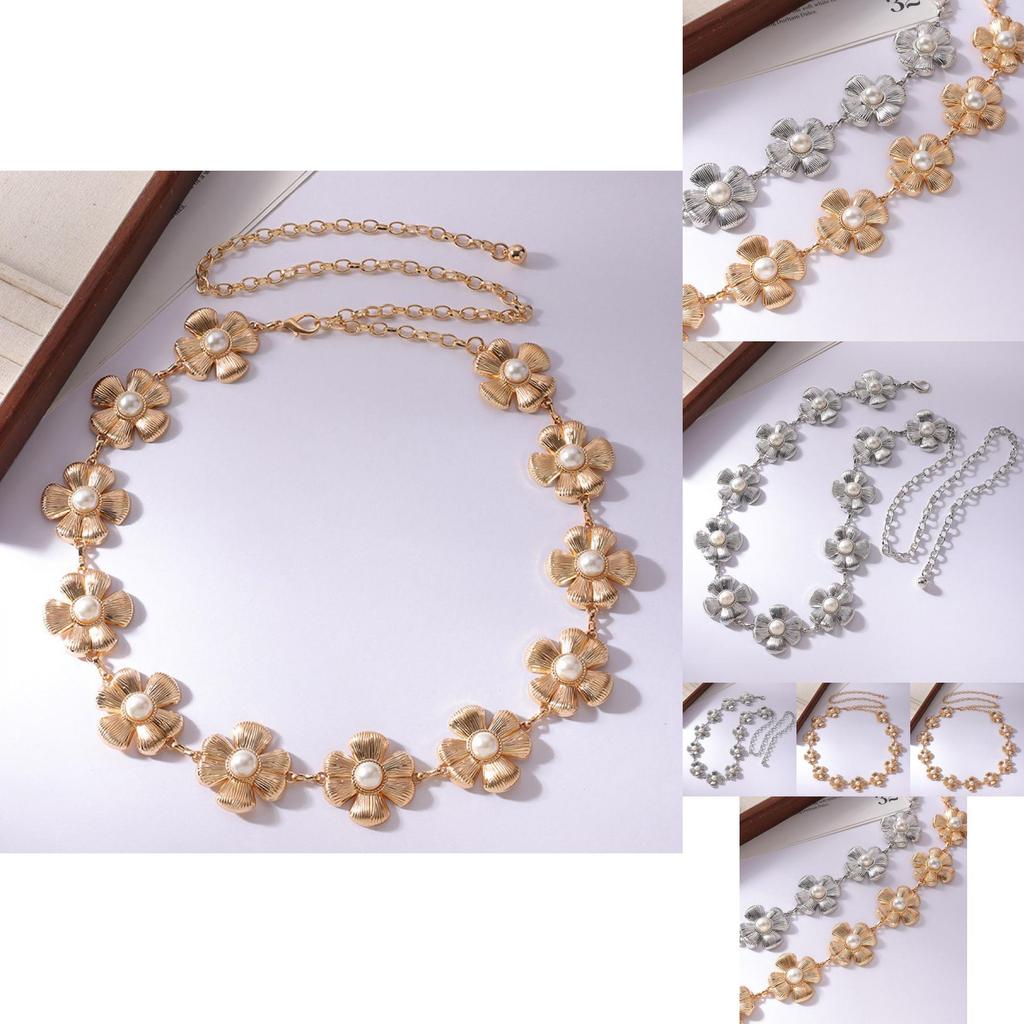 Eleganter Metall-Taillengürtel mit Perlenblumen und geschnitzten Elementen für Damen für Frühling und Sommer