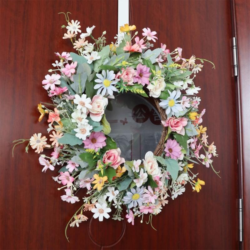 Corona de Flores Artificiales de Verano de 17.7 Pulgadas con Varios Tipos de Flores para Decoración de Puerta o Pared