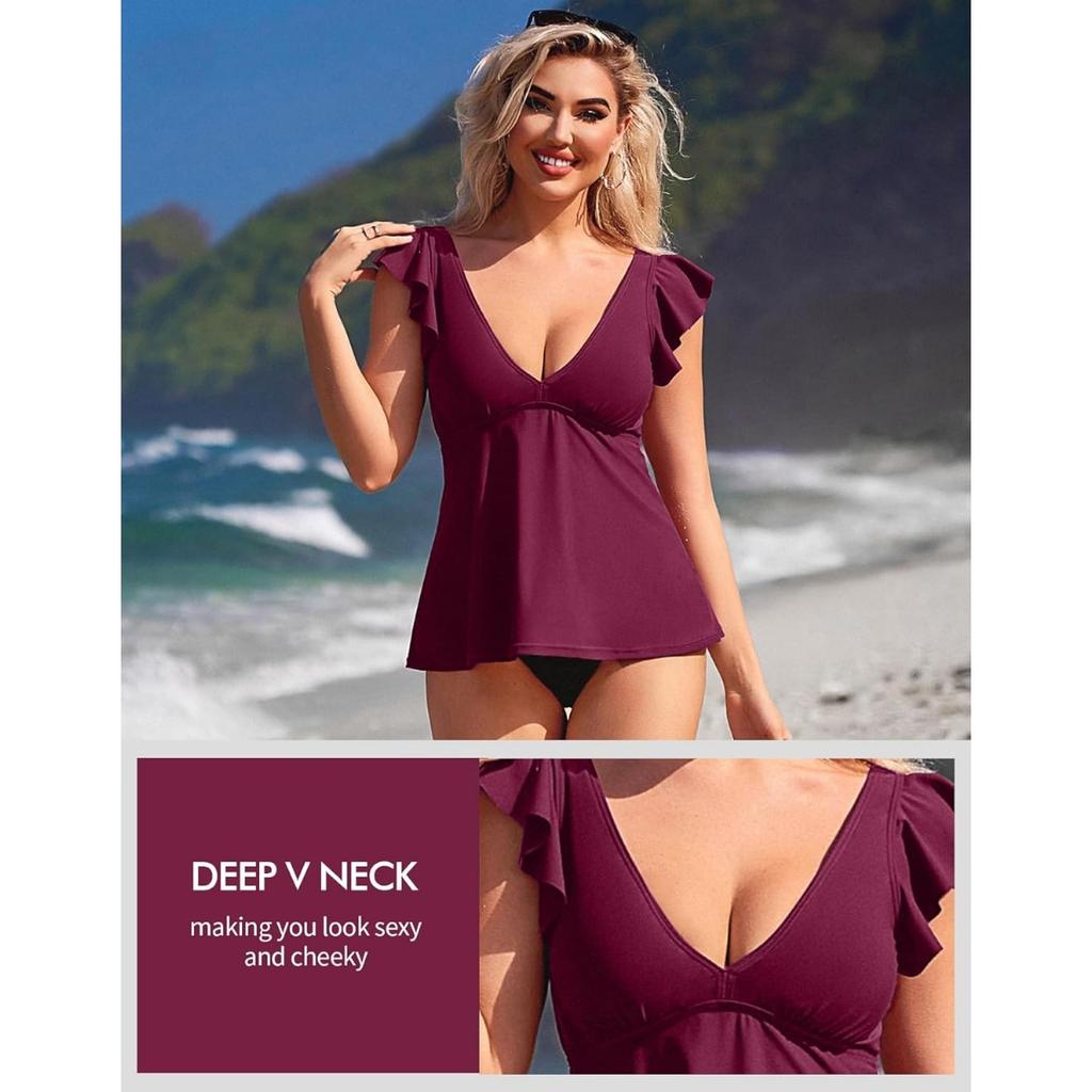 CHARMLEAKS Women Tankini Top Ruffled Shoulder Bathing Suit Top V Neck Swimsuit Top Flowy Bikini Tank Top