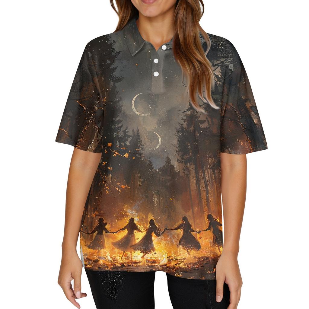 Dámská móda Ležérní klopa Krátký rukáv Halloweenský potisk Košile Dámské zapínací topy