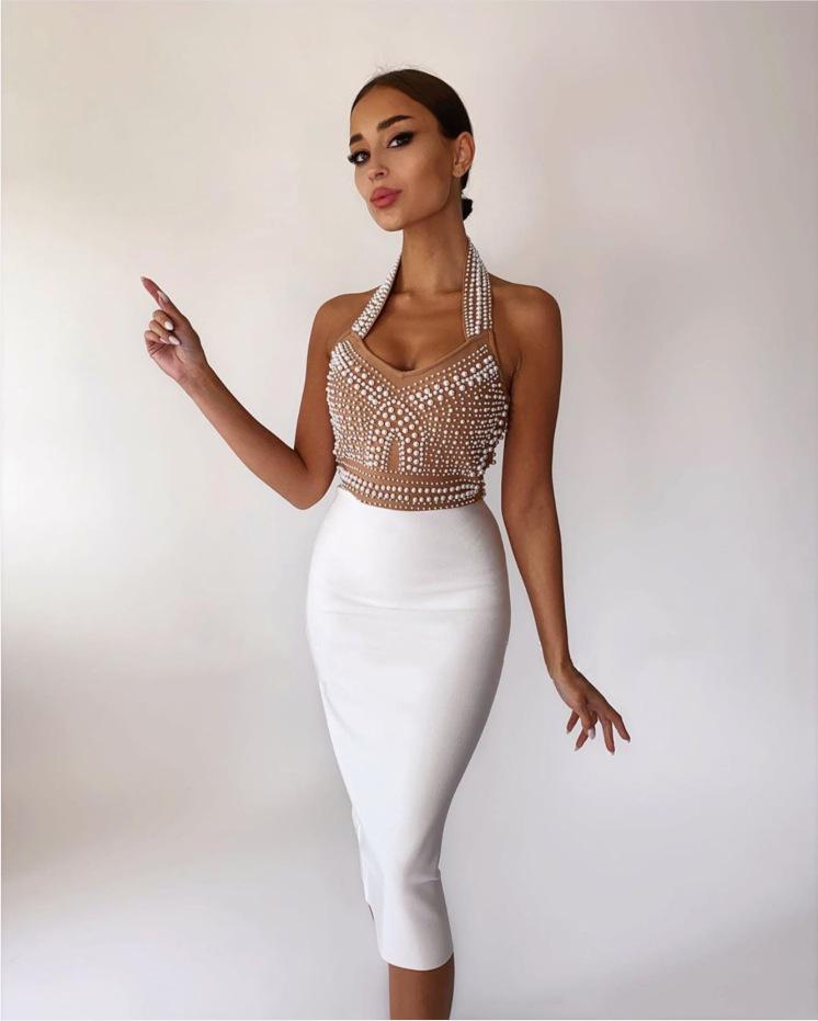 2022 Halter V-Neck Beaded Bandage Midi Dress - Slimming Evening Style