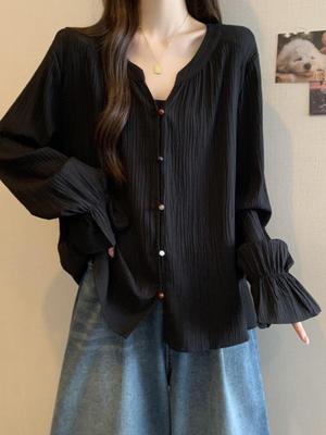 Plus Size Ruffle V-Neck Long-Sleeve Top with Flare Sleeves for Women - Elegant Loose Fit, Belly Covering, Perfect for Spring & Autumn