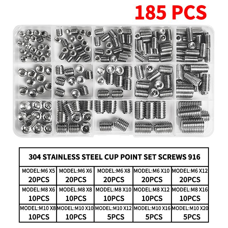 304 Stainless Steel Cup Point Set Screws Kit, Hex Socket Allen Key Grub Screws Assortment , M3 M4 M5 M6 M8 M10 Sizes, DIN 916