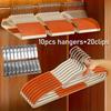 30Pcs (10pcs Pants Hangers + 20pcs Clips ) Anti-Slip & Stainless Steel | Compact Wardrobe Storage | White Orange Home Organizer