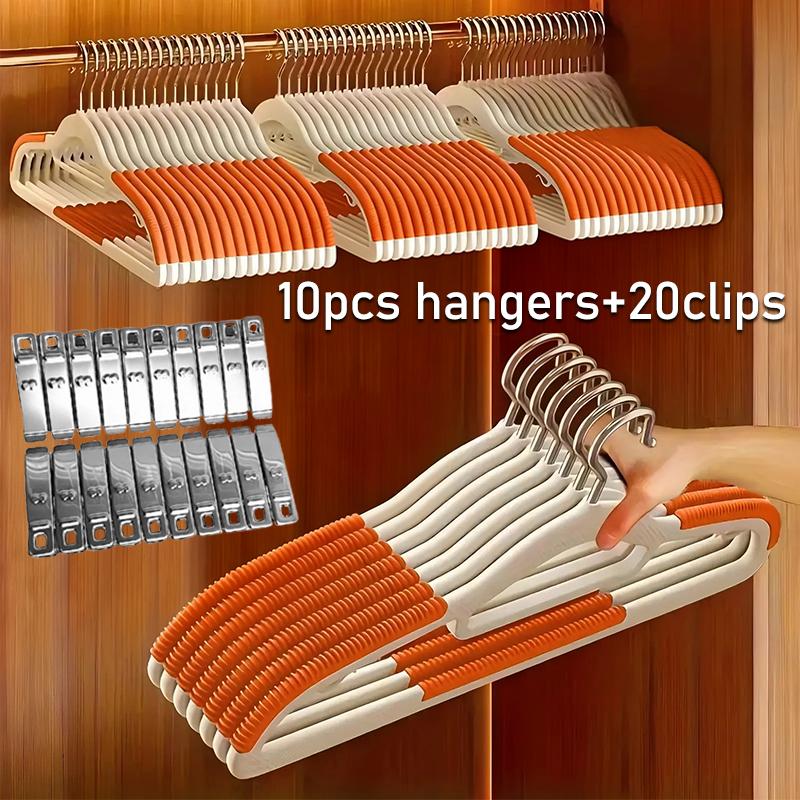30Pcs (10pcs Pants Hangers + 20pcs Clips ) Anti-Slip & Stainless Steel | Compact Wardrobe Storage | White Orange Home Organizer