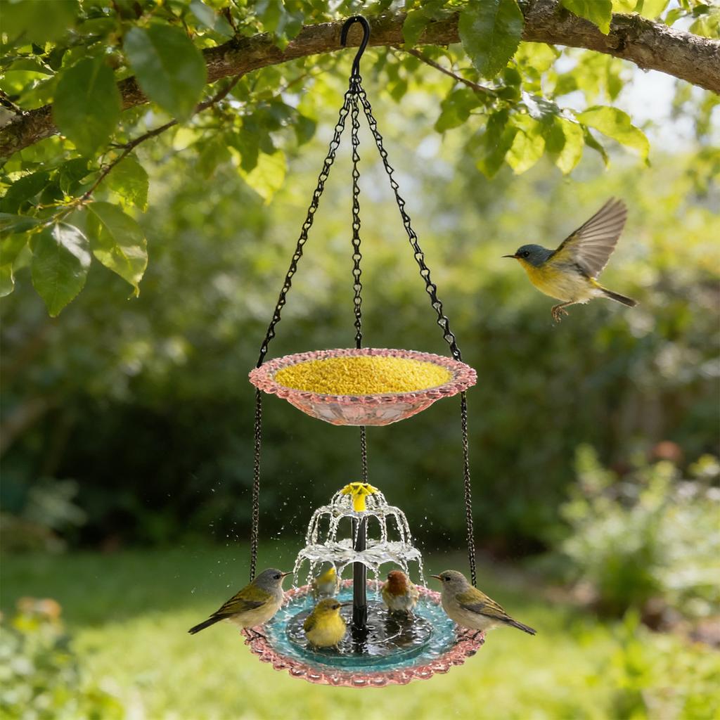 Double Layer Solar Powered Cascade Hanging Bird Bath Fountain Wildlife Feeder Birdbath with Water Pump for Outdoor Garden Decor