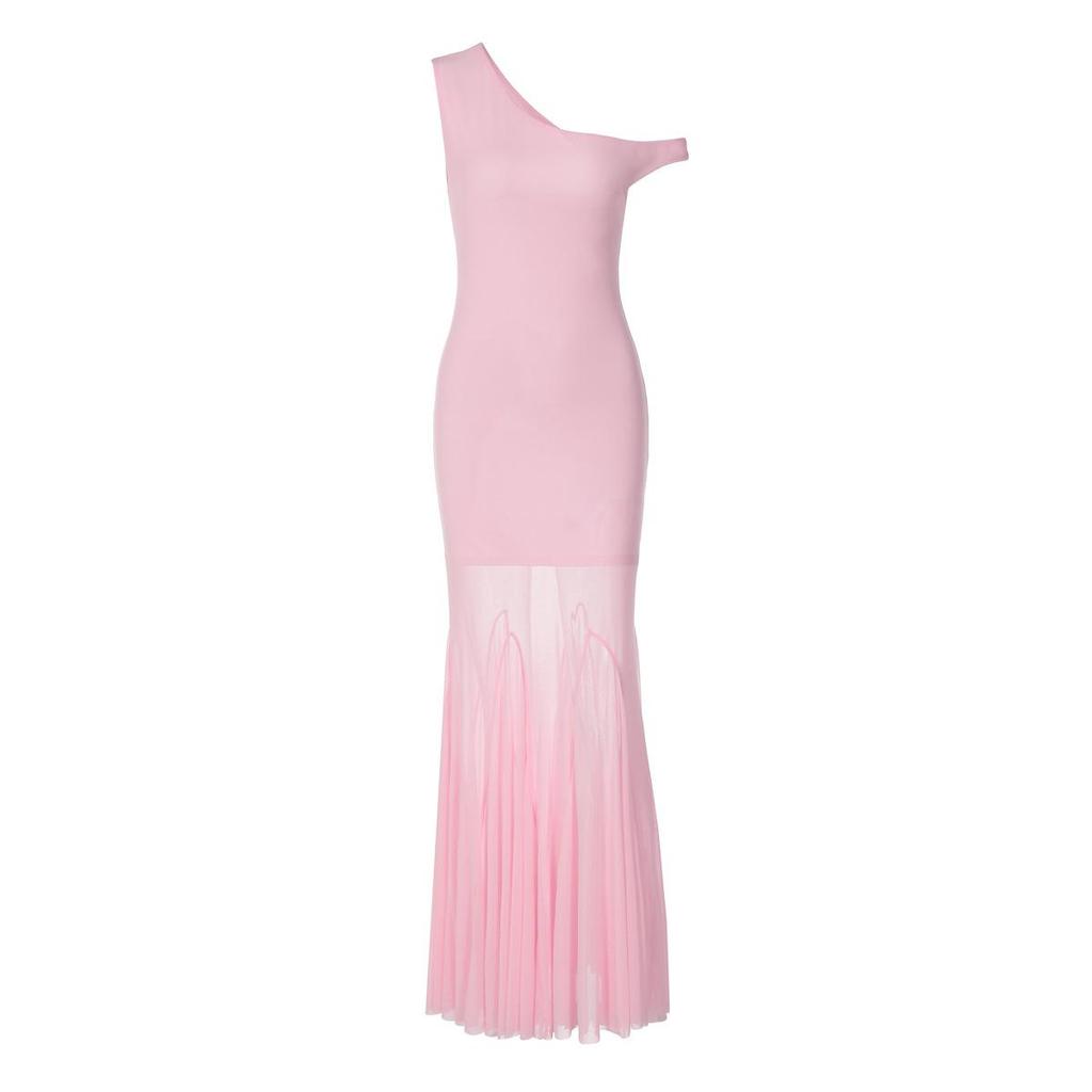Women's Summer New Fashion Sexy Babes Slanted Shoulder Pleated Mesh Stitching Perspective Dress Women