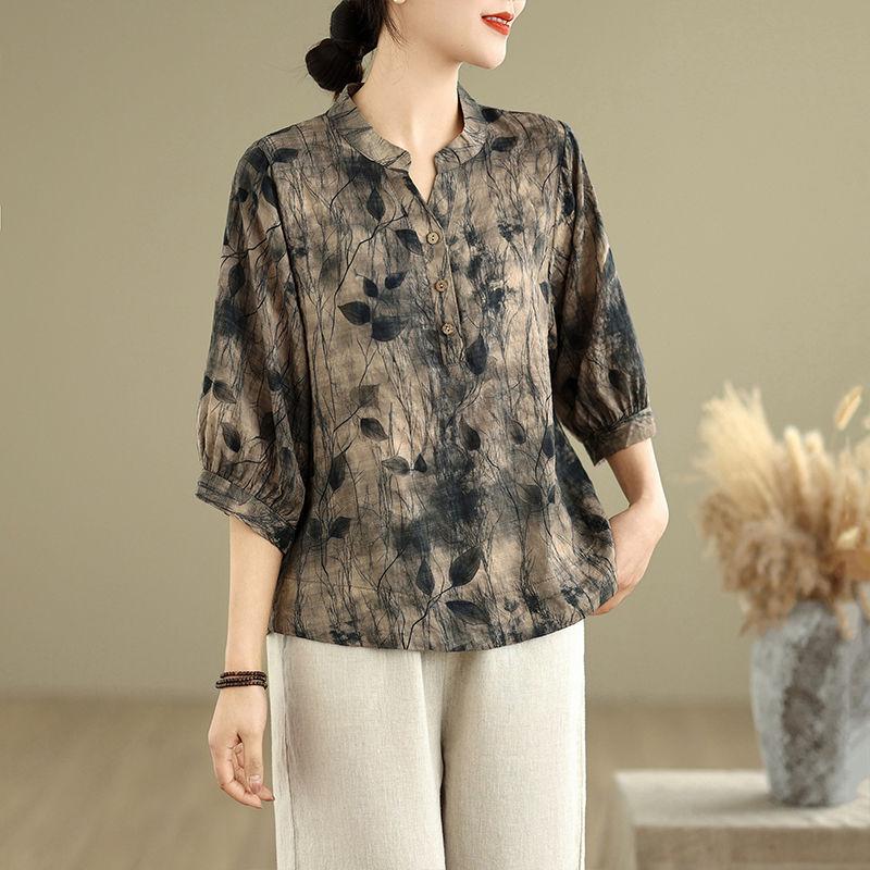 Damen S Locker Baumwolle Leinen Bedruckt Vintage Stil Sommerhemd
