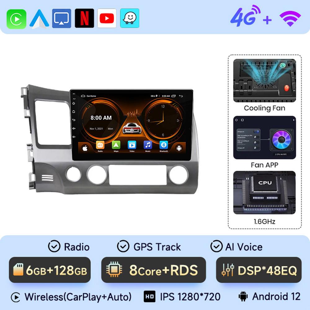 JIUYIN 10.1" Android 12 Carplay Car Stereo Radio for Honda Civic 8 2005 - 2012 Multimedia Player Navigation GPS 2 Din 4G Audio