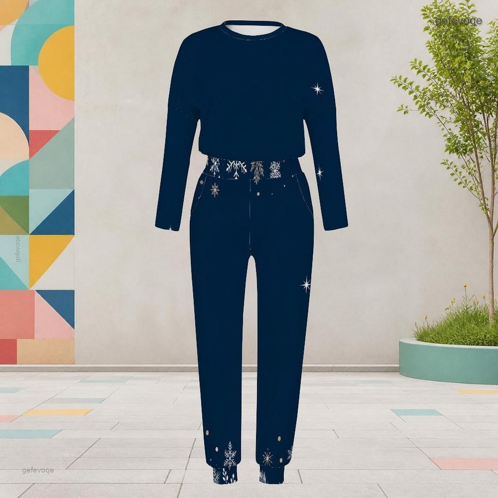 Women Plus Size Two Piece Set Round Neck Long Sleeve Printed Navy Blue Cuffed Top And Pants With Pockets