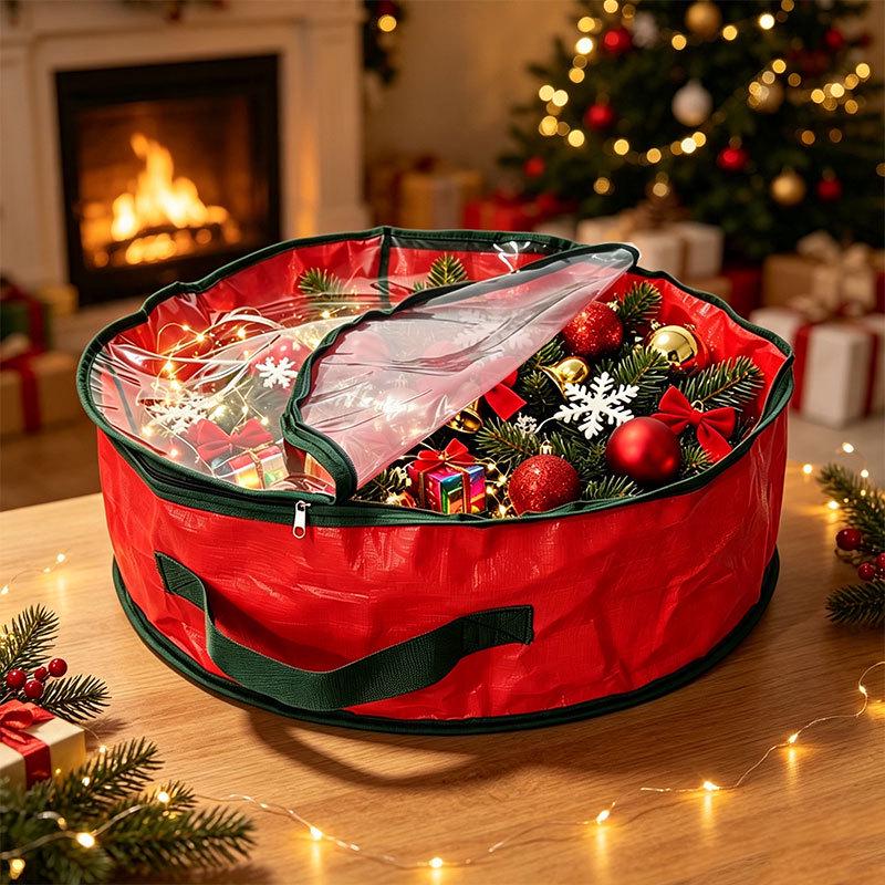 Red PE and PVC Single-Sided Transparent Christmas Wreath Storage Hanging Bag