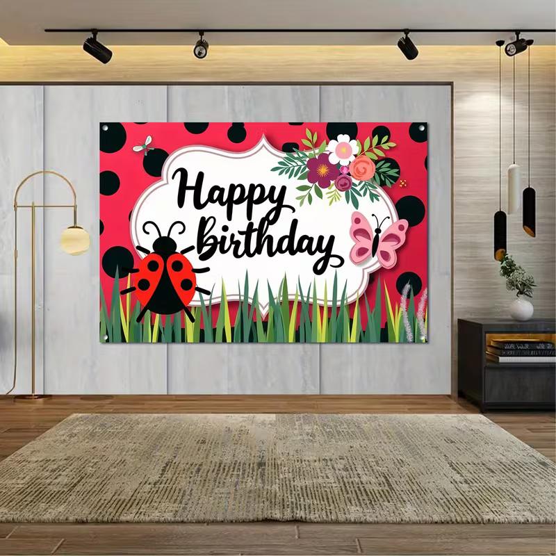 2D Ladybug Backdrop for Kids, Girls and Garden Themed Birthday Parties