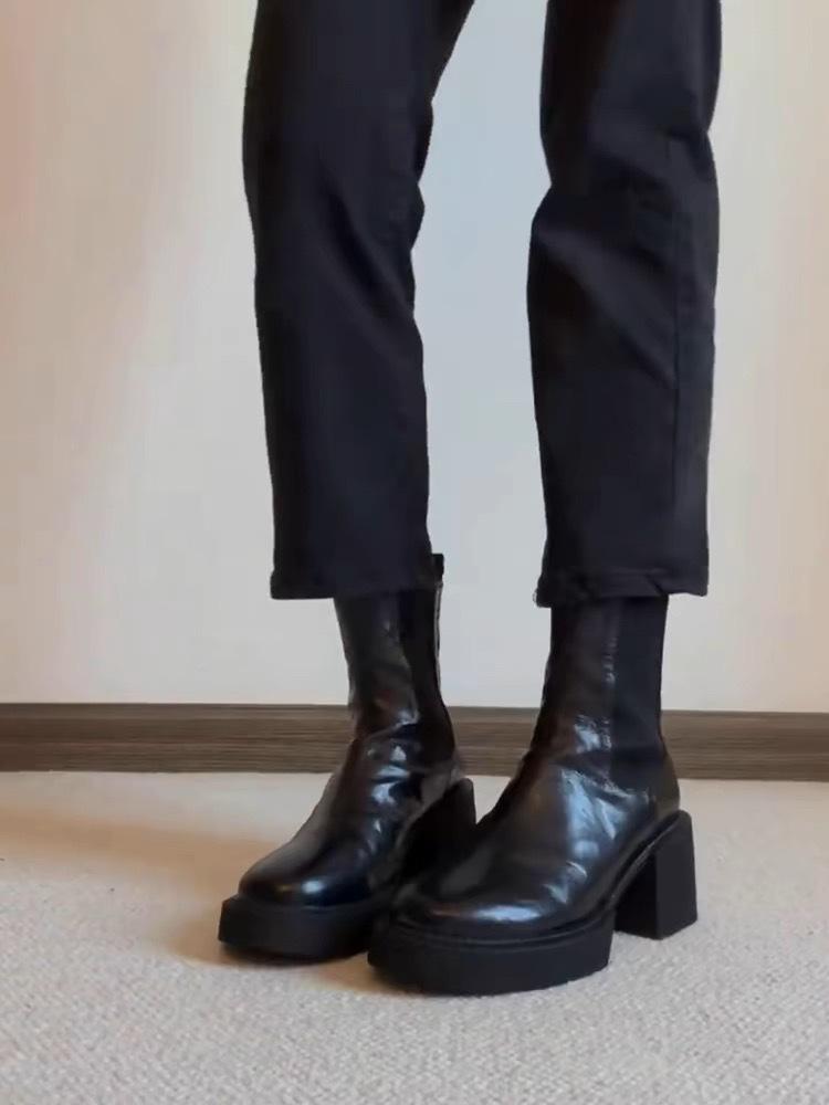 

Cowhide version~ Leather platform short boots women s autumn and winter retro Chelsea boots thick heel thin boots British Martin boots 34