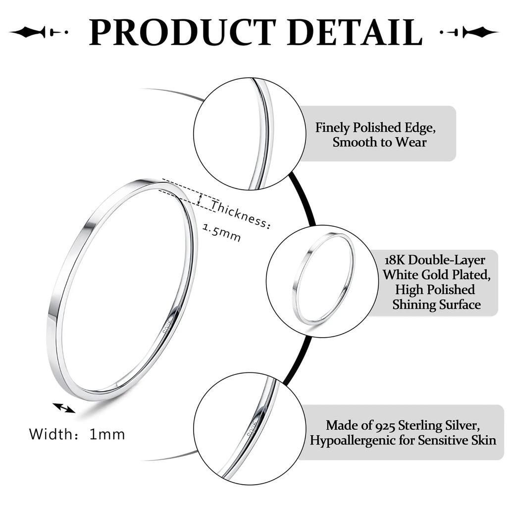 Fansilver S925 Sterling Silver Rings for Women Men 18K White Gold Plated Stackable Statement Thin Plain Thumb Ring Wedding Bands