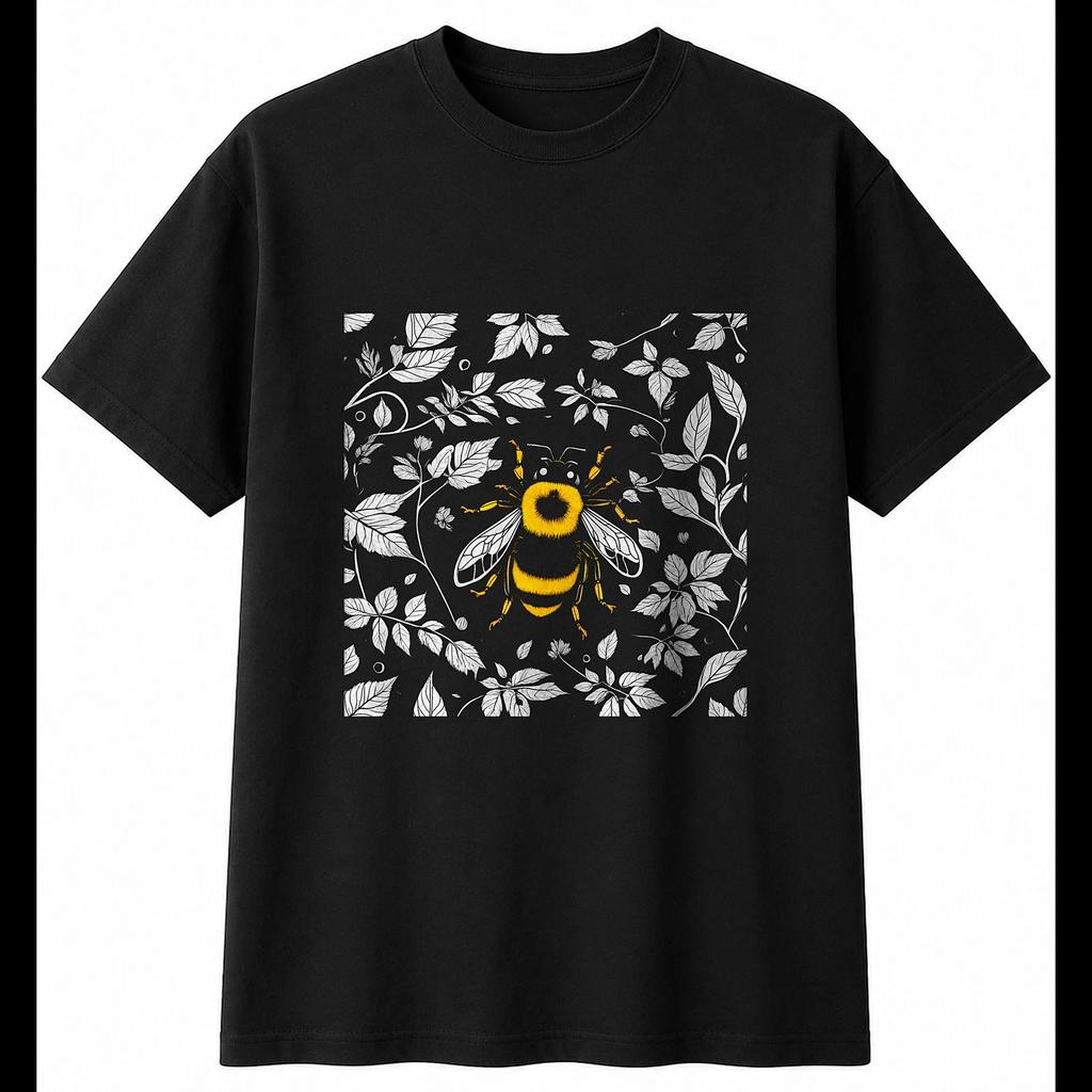 Botanical Bumblebee in Nature Mens T-Shirt Black 100% Cotton Insect Printed