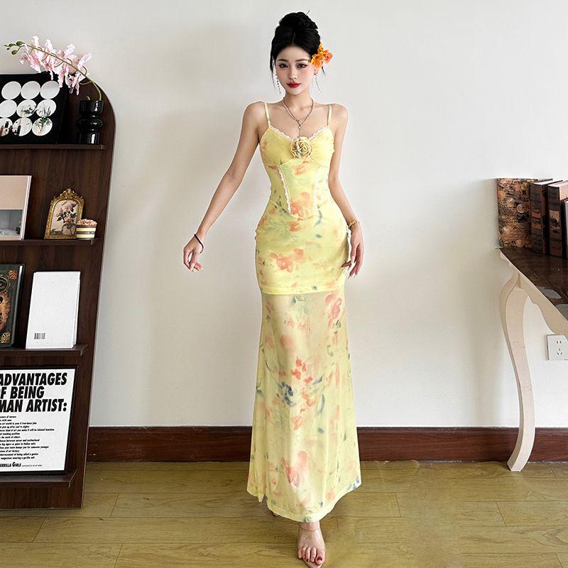 

# Sisjuly# Fresh Goose Yellow Summer Tie-Dyed Small V Neck Mesh Dress Women s Lace Waist-Tight Suspender Skirt Yellow L