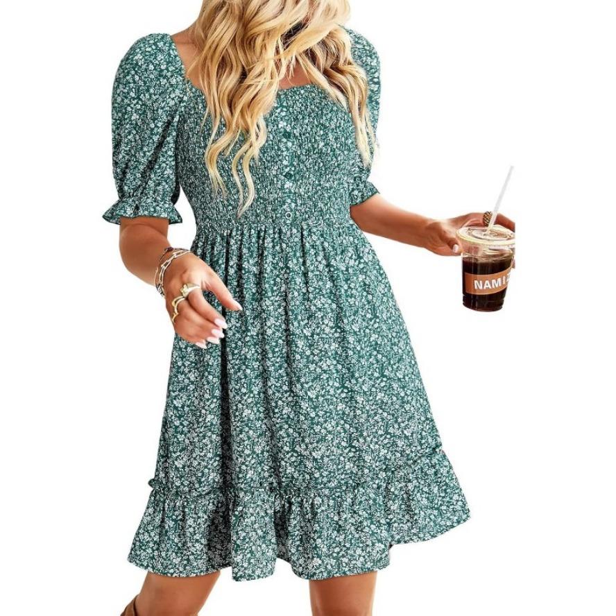 

YYFS женские модные летние весенние повседневные платья с цветочным узором и коротким рукавом с квадратным воротником и высокой талией XXL