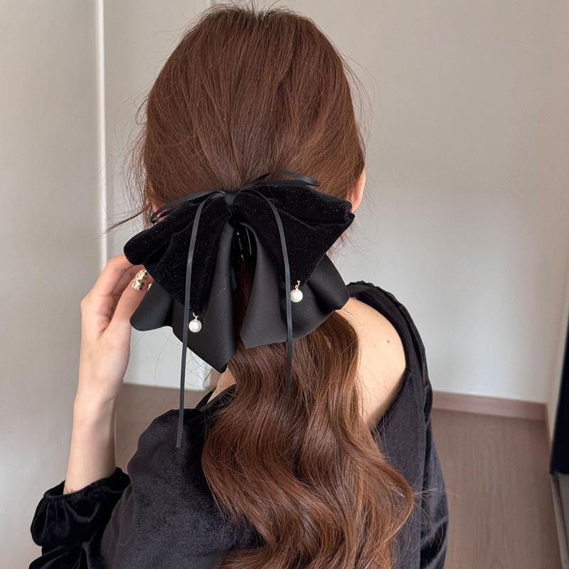 Korean Black Red Pearl Bow Hair Clips Shark Hair Claw Clip Hairpins Spring Clip  Ponytail Barrettes Hair Accessories